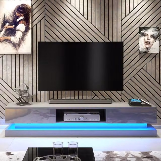 Creative Furniture Bloom TV Unit in Grey with Glossy Doors and LED Lights, W: 180 cm, H: 36 cm, D: 35 cm