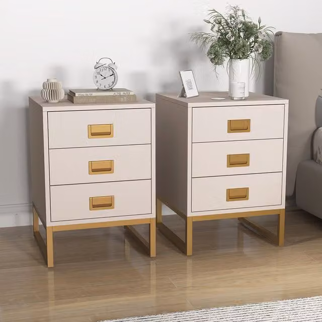 Melody Maison Elle Stone Pair of 3 Drawer Bedside Tables in Beige and Gold – 1