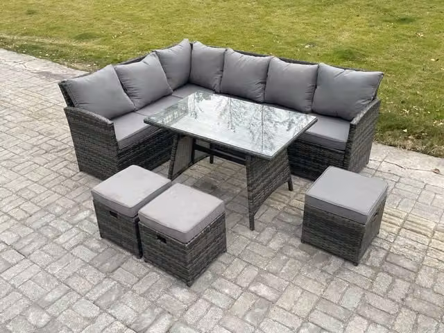 Fimous 9 Seater Wicker Rattan Garden Furniture Set with Oblong Dining Table and 3 Small Footstools in Dark Grey