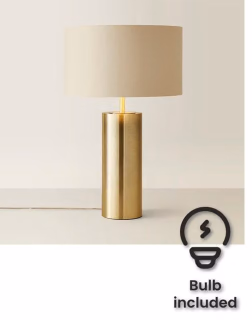 ValueLights Lexy Dimmable Touch Table Lamp with Beige Fabric Cylinder Shade and LED Bulb in Gold and Brass