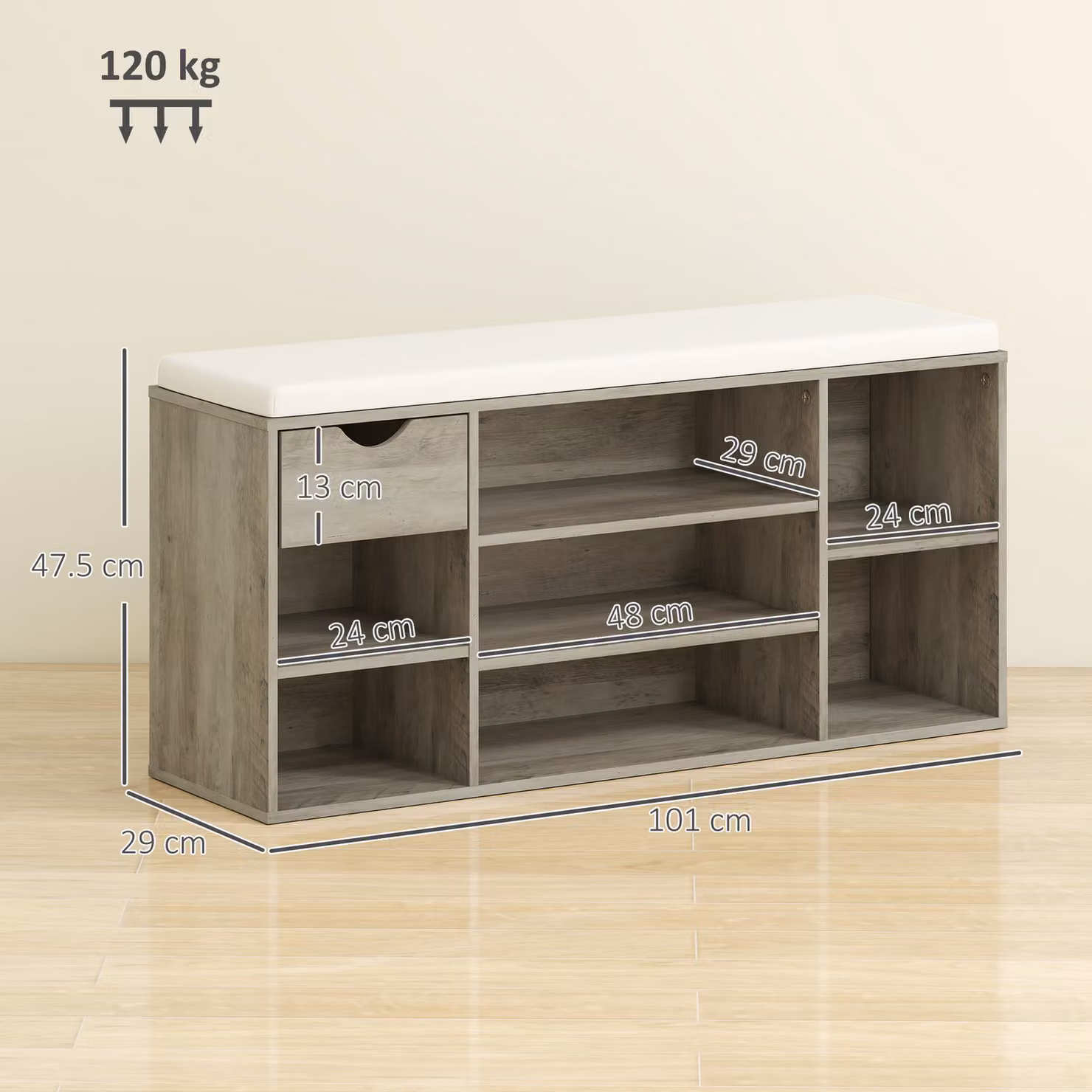 HOMCOM Grey Fabric Shoe Storage Bench with Cushion – 3