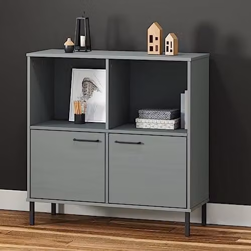 vidaXL OSLO Bookcase with Metal Legs and Solid Pine Wood, Grey, W: 90 cm, D: 35 cm, H: 90.5 cm – 2