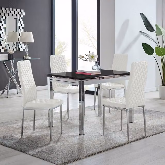Furniturebox Enna Black Glossy Glass Extending Rectangular Kitchen Dining Table and 4 White Milan Chairs