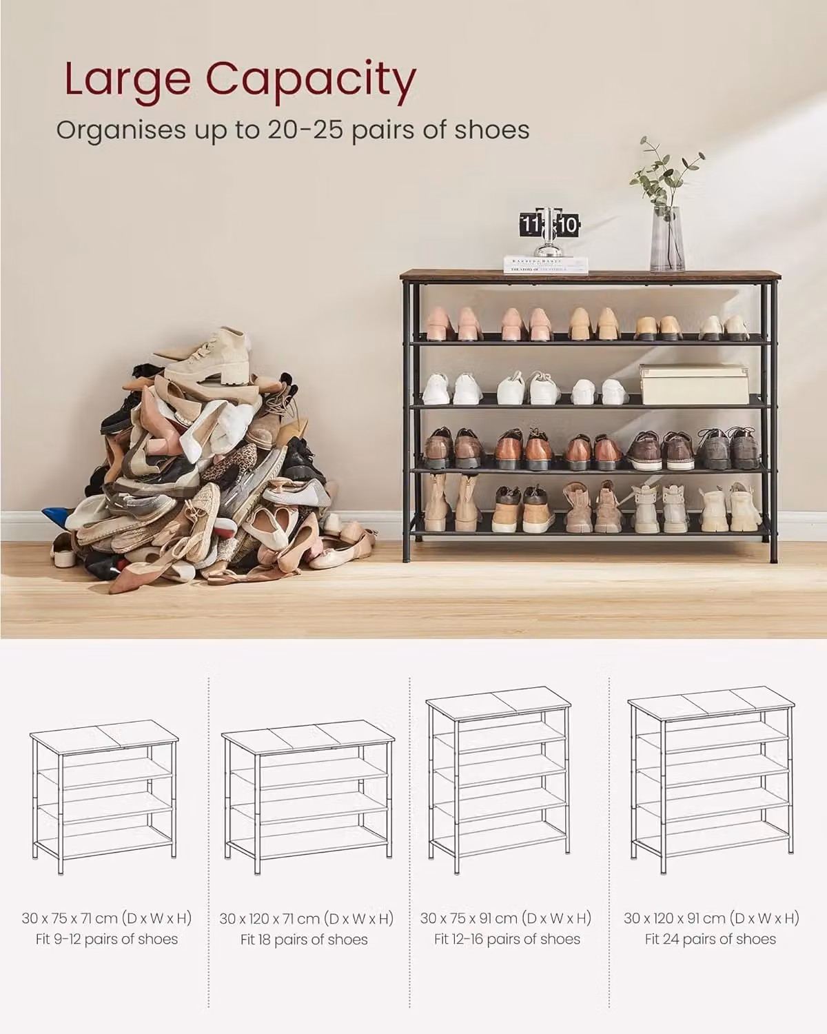 VASAGLE Narrow Industrial Shoe Storage Unit with Fabric Shelves and Steel Frame, Brown – 5