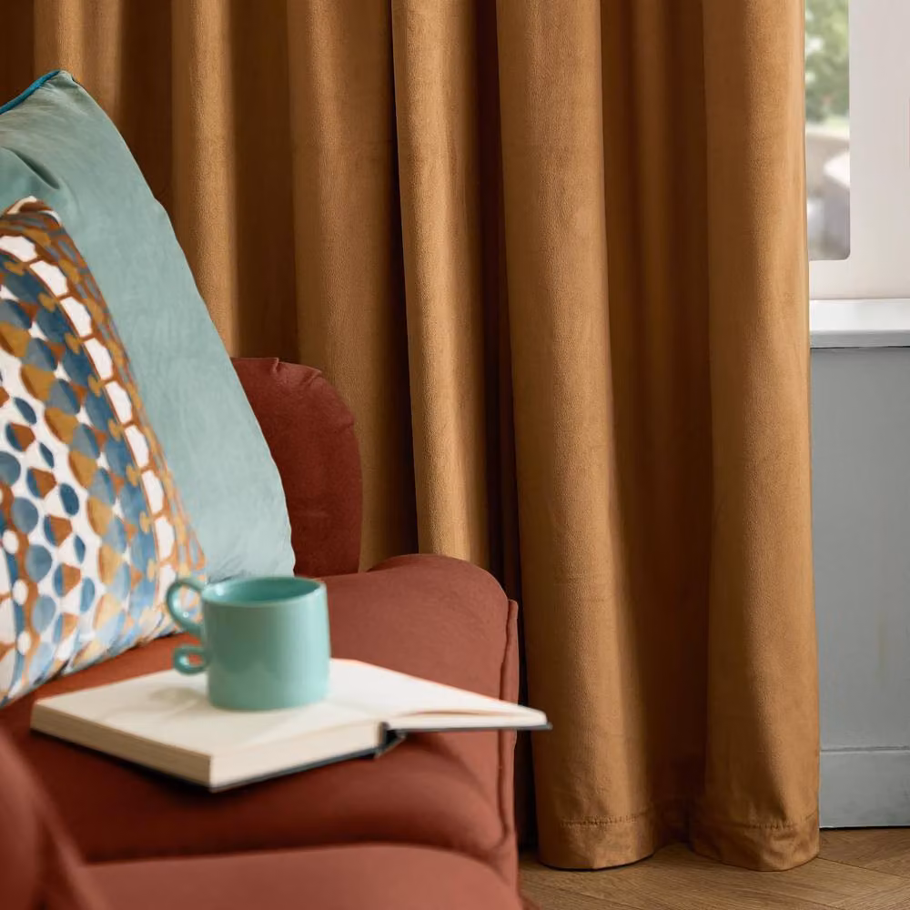 Furn Pale Orange Velvet Blackout Pencil Pleat Curtain Pair, W: 168 cm, H: 183 cm – 2