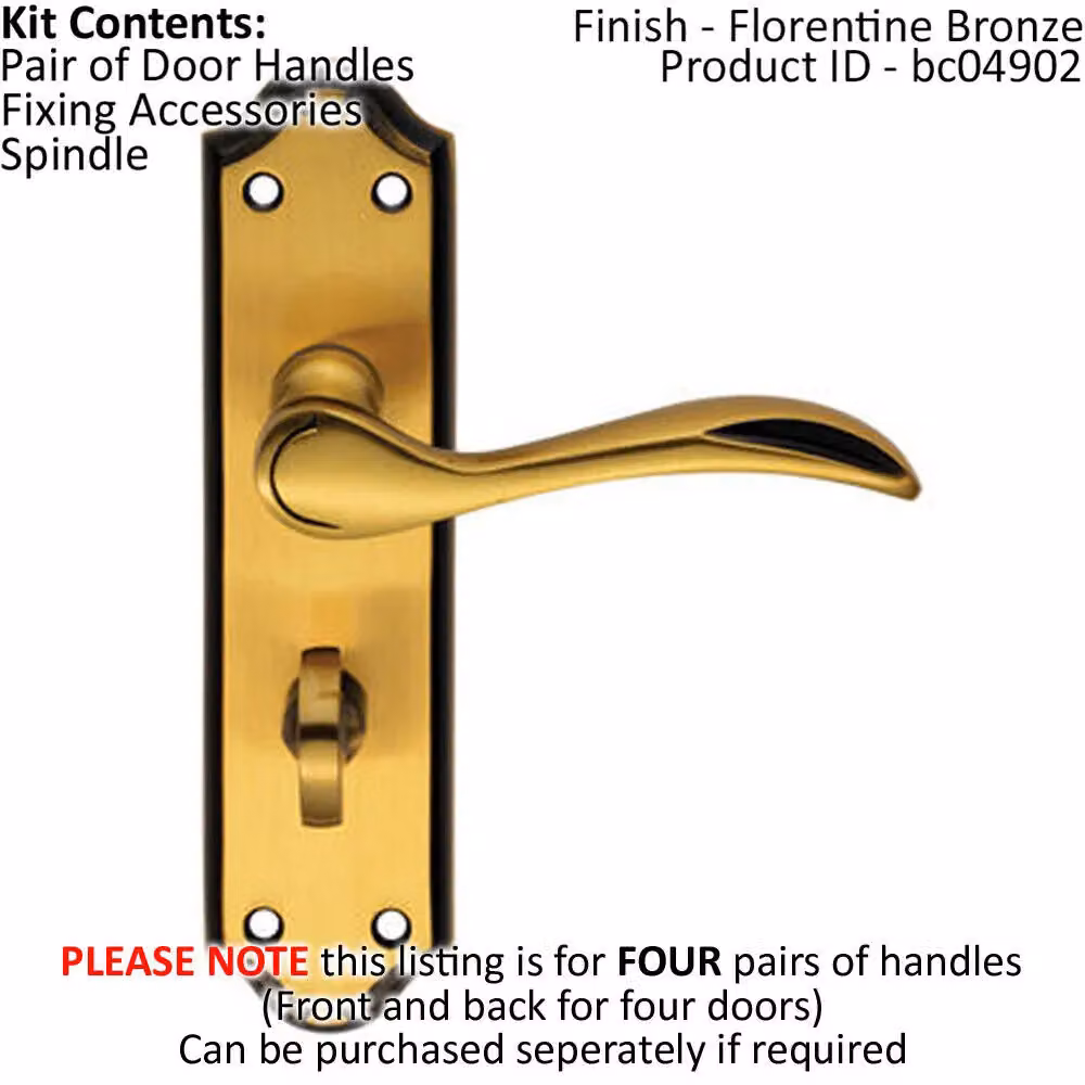 Loops 4 Pairs of Curved Bathroom Door Handle Levers on Backplate, Brushed Bronze, W: 180 mm x H: 45 mm – 2