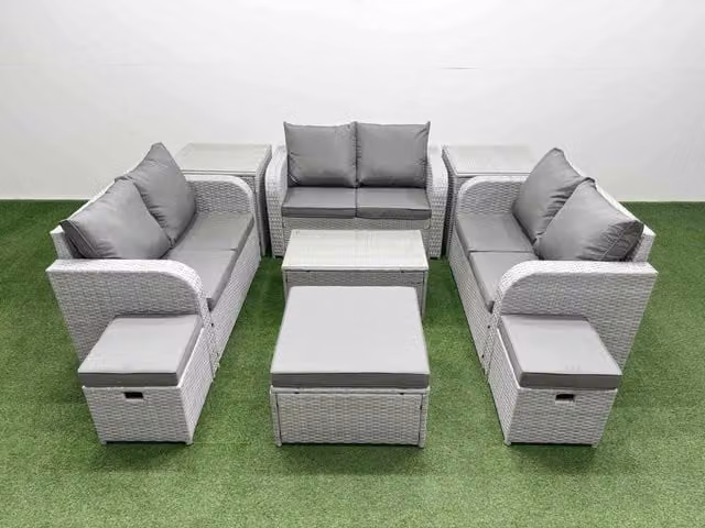 Fimous 9 Seater PE Wicker Rattan Garden Furniture Set in Light Grey with U-Shape Sofa, 2 Seater Love Sofa, 3 Ottomans, Rectangular Coffee Table and 2 Side Tables