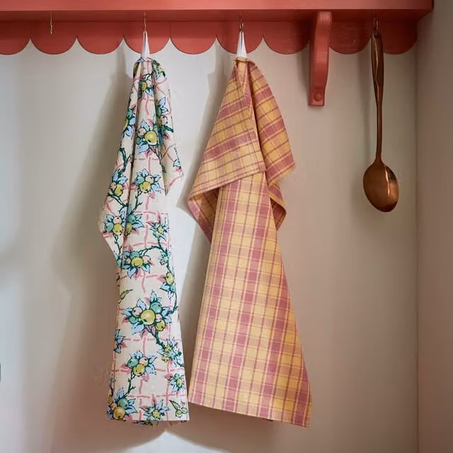 Land & Shore Cotton Woven Check and Berry Grove Tea Towel Set of 2 in Multicolour