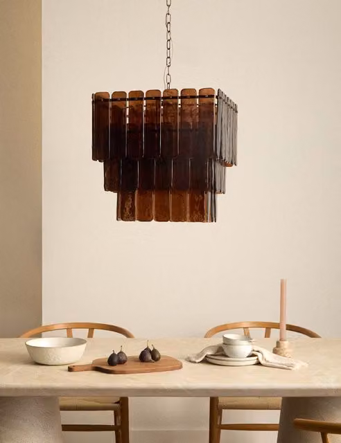 M&S Modern Square 3 Tier Suspended Pendant Light in Brown Glass and Gold/Brass