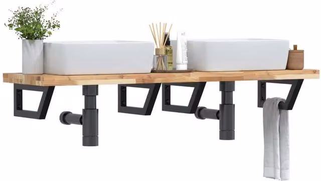 Berkfield Home Wall Mounted Basin Shelf in Brown Acacia Wood and Steel