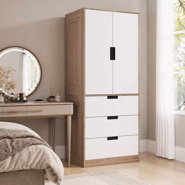 STILVORA Modern Wardrobe with 2 Hinged Doors and 3 Internal Drawers in Brown and White – 1