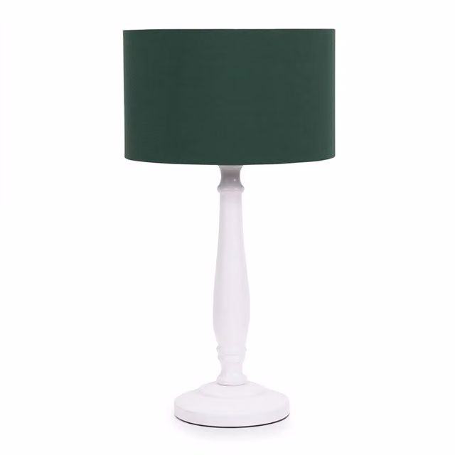 ValueLights Victoria White Table Lamp with Green Fabric Drum Shade and Wood Base