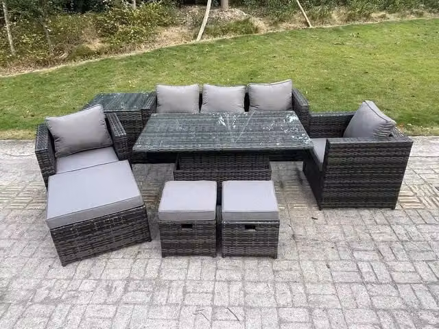 Fimous 8 Seater Dark Grey Wicker PE Rattan Garden Furniture Sofa Set with Adjustable Height Lifting Dining Table