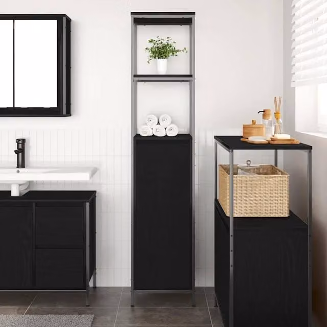 Berkfield Home Durable Black Oak Bathroom Cabinet with Internal Shelves and Hinged Doors, W/D/H: 36 x 20 x 165 cm