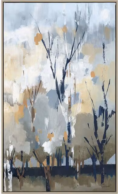 Perch & Parrow Whimsical Woodland Abstract Nature Landscape Framed Canvas Wall Art in Grey, Blue and Multicolour