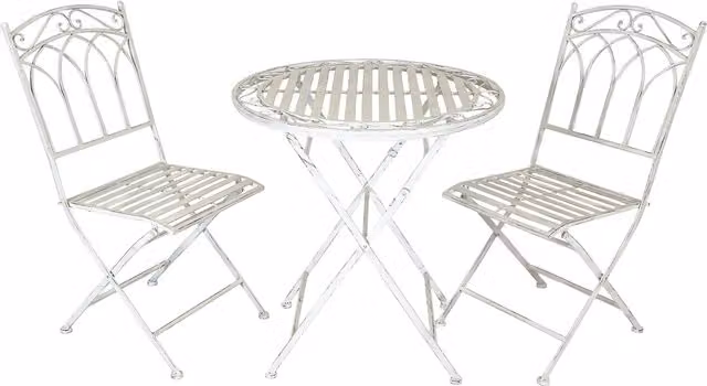 Charles Bentley Rustic White Powder Coated Steel Outdoor Bistro Set with Round Folding Table and 3 Chairs