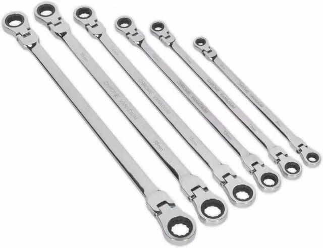 Loops 6pc Extra Long Flexible Head 12 Point Metric Ratchet Ring Spanner Set in Silver and Multicolour Chrome Vanadium Steel – 1