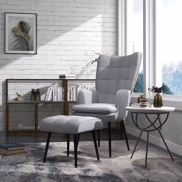 HOMCOM Modern Fabric Armchair with Matching Footstool and Metal Frame in Grey