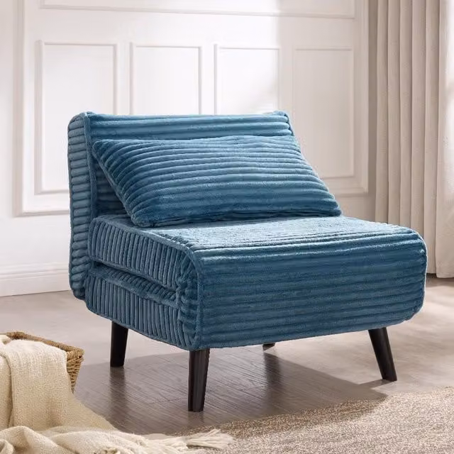 Clover Blue Bouclé and Cord Click-Clack Sofa Bed with Modern Upholstered Wood Frame