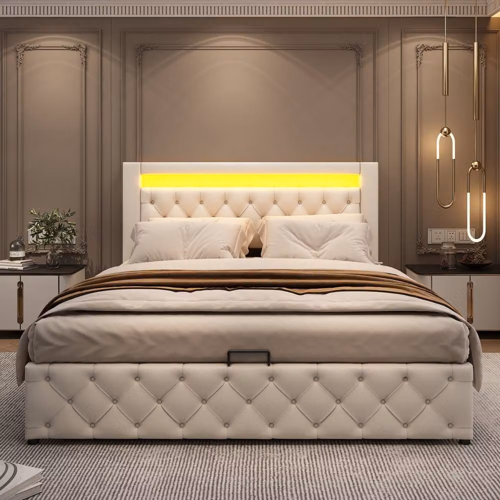 Rolipo White PU Upholstered Double Ottoman Bed with LED Headboard, W/D/H: 150 x 200 cm – 2