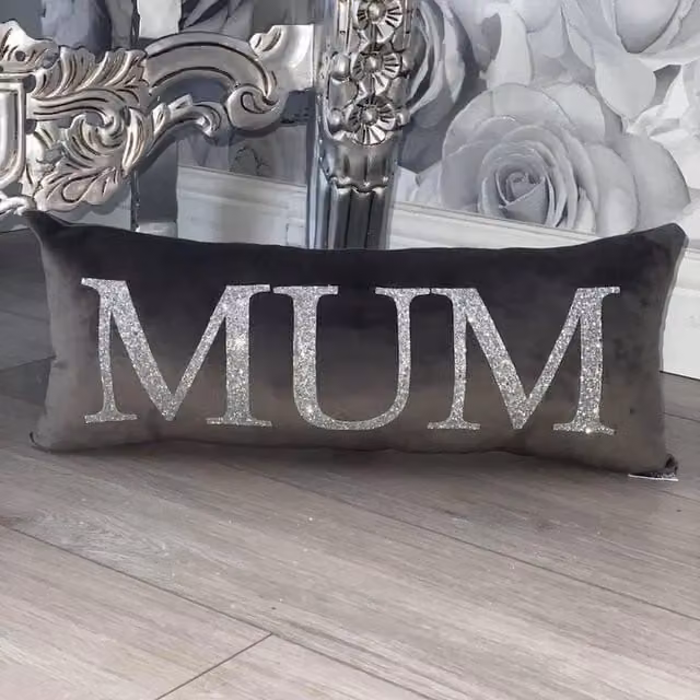 Fabricnco Grey Plush Velvet and Silver Glitter Mum Cushion
