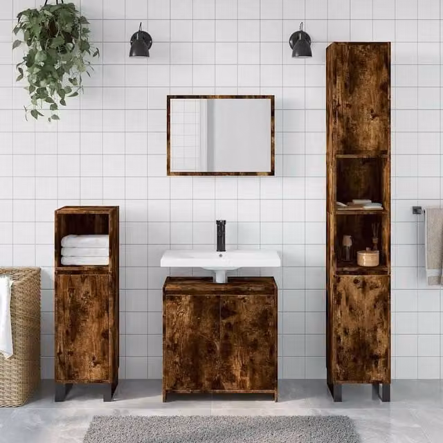 Berkfield Home 2 Piece Brown Smoked Oak Bathroom Furniture Set with Vanity Unit and Freestanding Cabinet, W/D/H: 60 x 33 x 61 cm