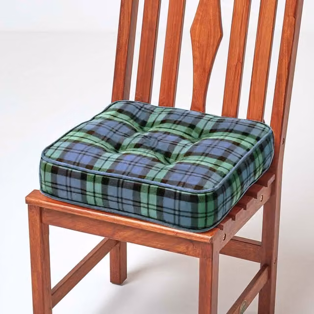 Homescapes Classic Square Cotton Dining Chair Booster Cushion in Green and Multicolour