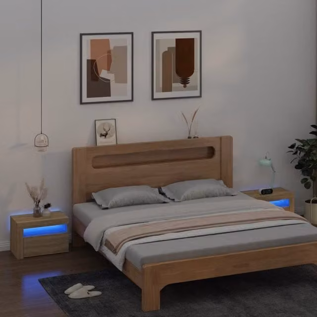 Berkfield Home Set of 2 Modern Sonoma Oak Bedside Cabinets with Integrated LED Lighting in Brown, W: 60 cm, D: 35 cm, H: 40 cm – 1