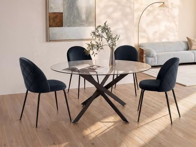 Vente-unique Round Modern Dining Table for 6 with Transparent Tempered Glass and Black Metal, Diameter: 160 cm, Height: 72.5 cm