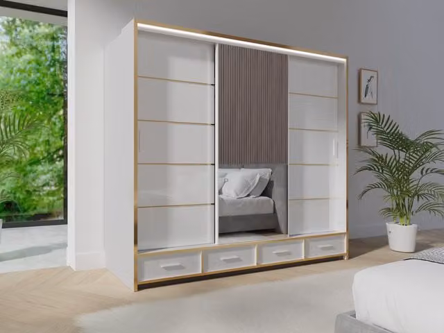 RAC3 Modern Sliding Wardrobe with Mirror, Integrated LED Lighting and Internal Drawers in White, Black and Gold