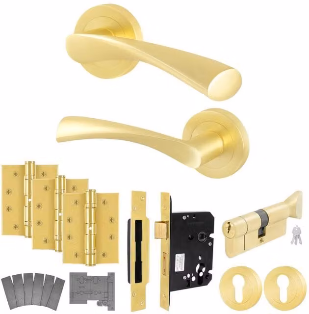 AFIT Novi Satin Brass Fire Door Handle with Euro Lock Thumbturn Cylinder in Gold, W/D/H: 15 x 15 x 1.5 cm