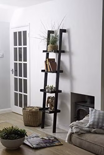 Elegant Brands Sennen 4 Tier Black Wooden Ladder Leaning Bookshelf, H 180 x W 34 x D 36.5 cm – 3