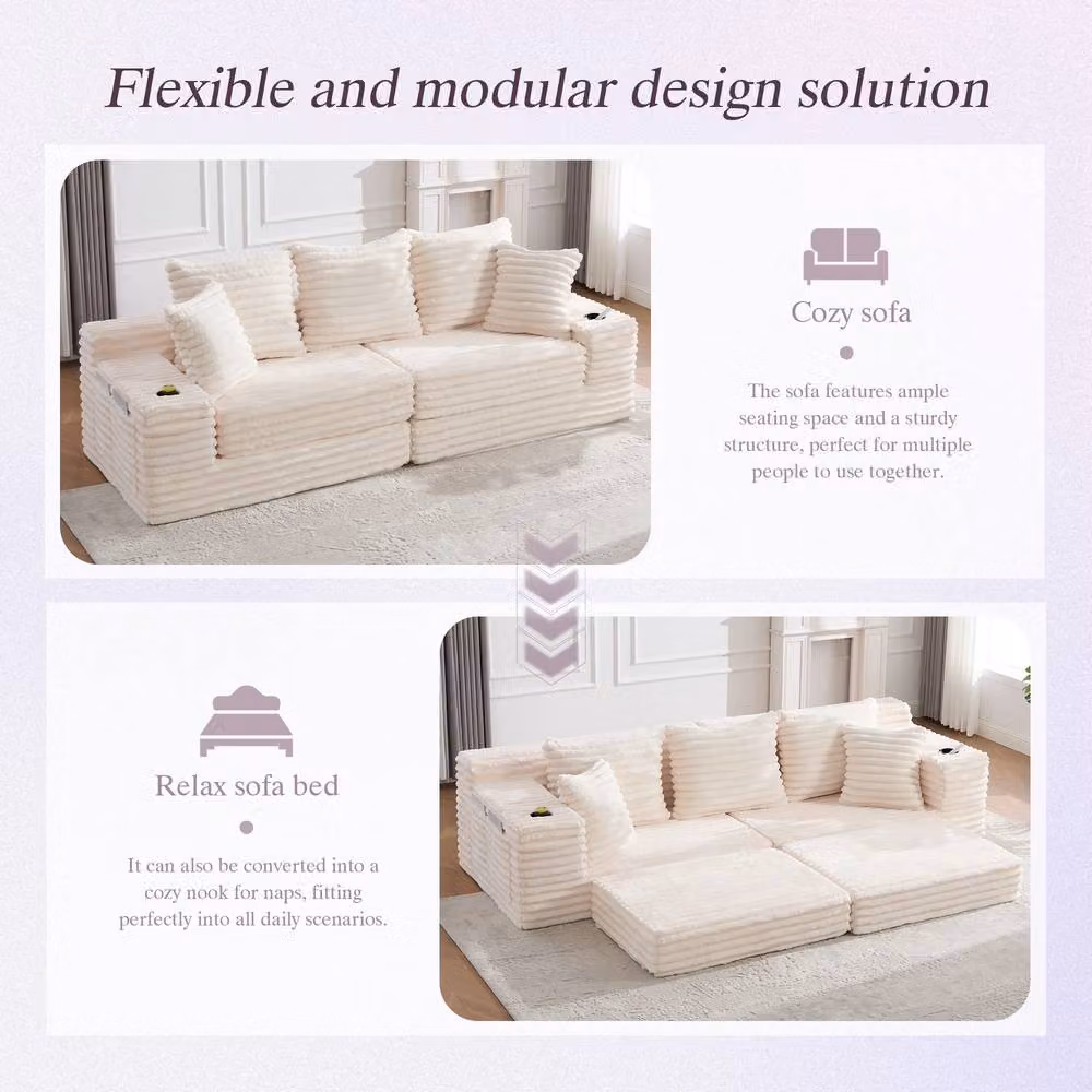 FENCHILIN Modular Convertible Sleeper Sofa with Side Pockets and Cup Holders in Beige – 2