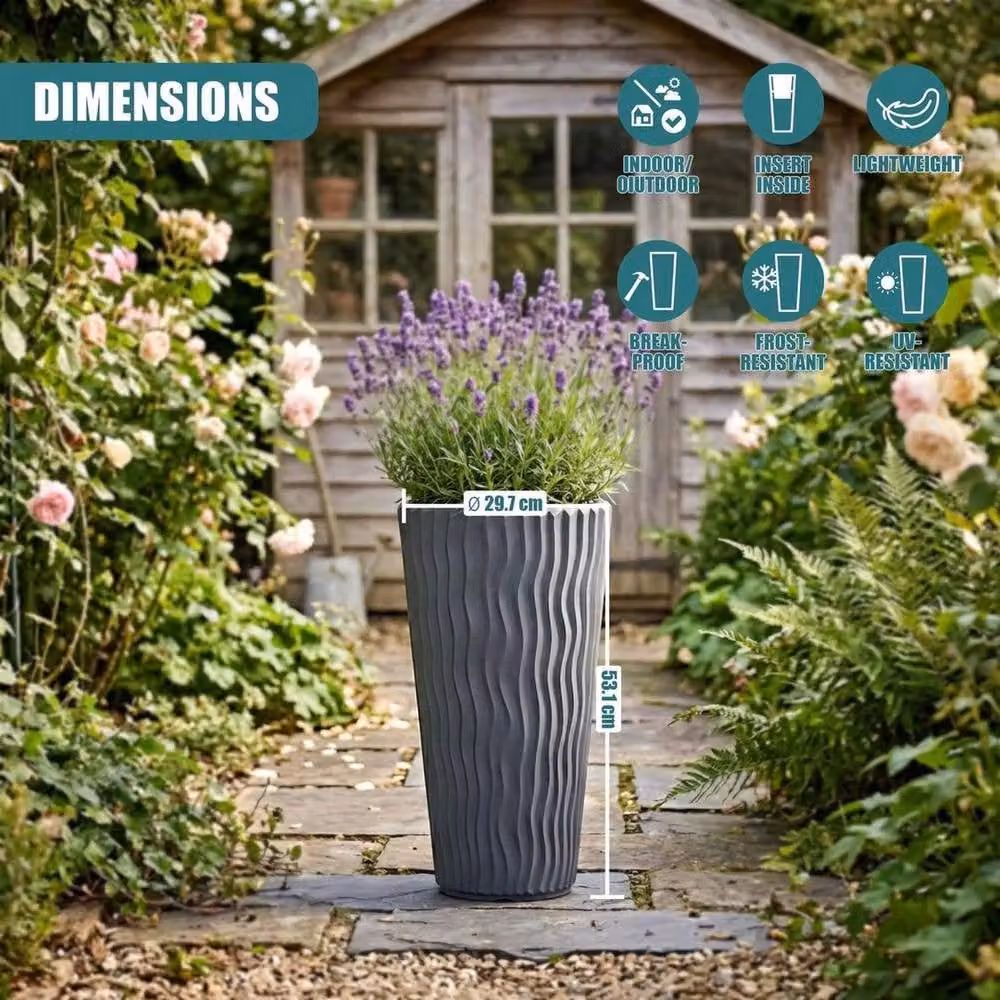 Kelvenix Modern Round Tall Plant Pot with Insert in Grey Anthracite, Diameter: 29.7 cm – 2