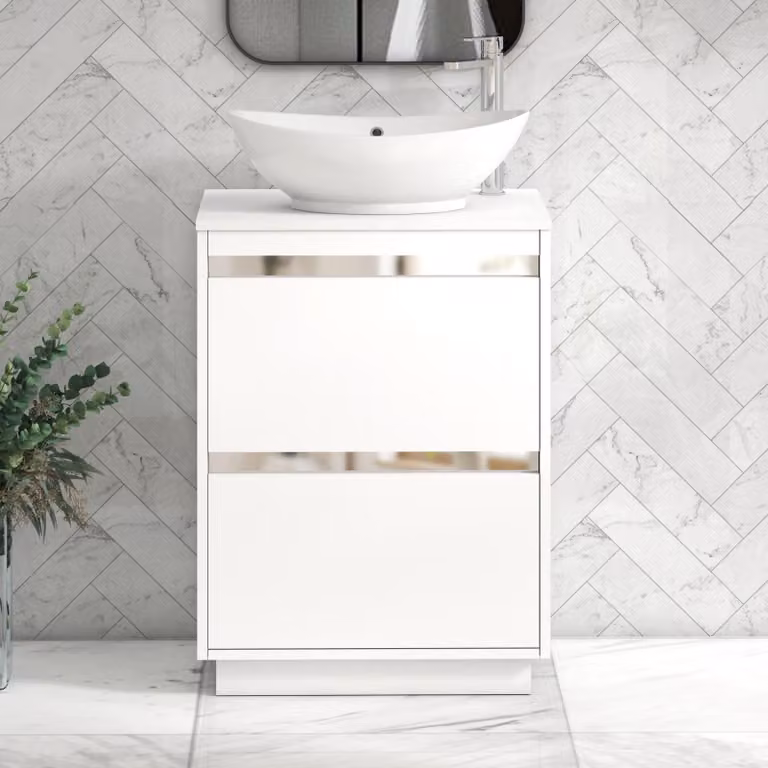 Royal Bathrooms Orion 600mm Matt White Floor Standing 2 Drawer Vanity Unit with Amaze Basin and Chrome Accent Trim
