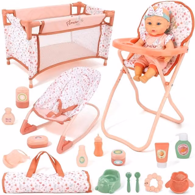 Baby Doll Playset with 12 inch Doll, Crib, Rocker and High Chair in Pink