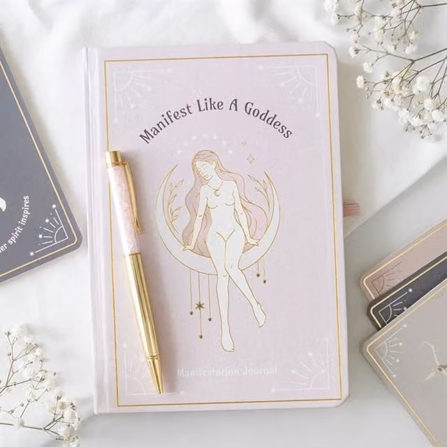 Goddess Manifestation Journal with Rose Quartz Pen, Purple, A5 Hardcover with Lined Paper