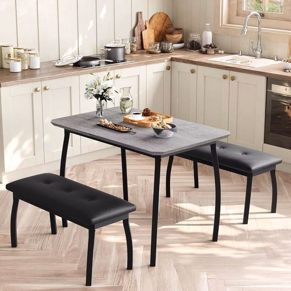 VOGREX 3-Piece Modern Kitchen Dining Table Set with 2 Upholstered Benches, Multicolour, W/D/H: 120 x 65 x 76 cm – 4