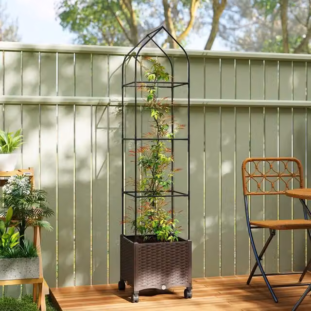 OUTSUNNY Brown Raised Garden Bed with Trellis and Drainage Holes, W/D/H: 182 x 40 x 38 cm