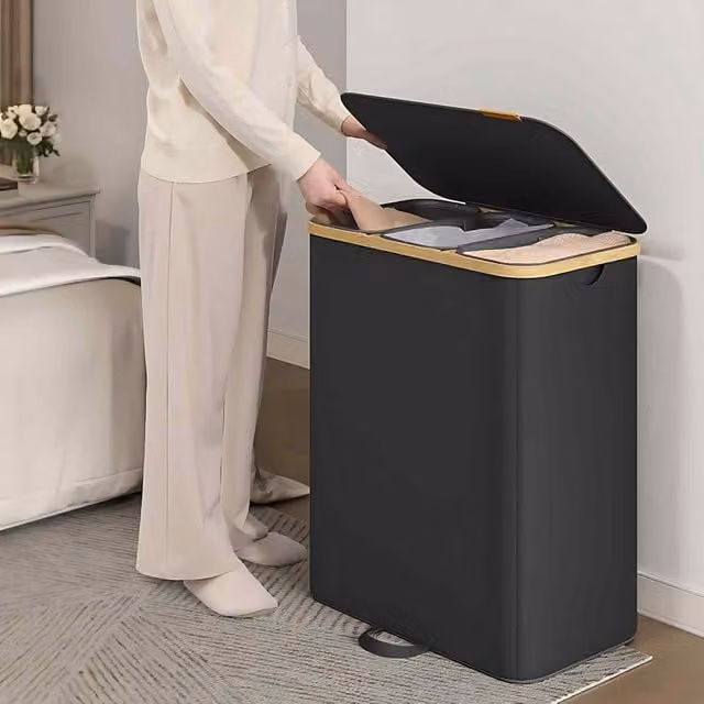The Bazaarist 3 Compartment Laundry Hamper with Lid and Handles, Black and Slate Grey