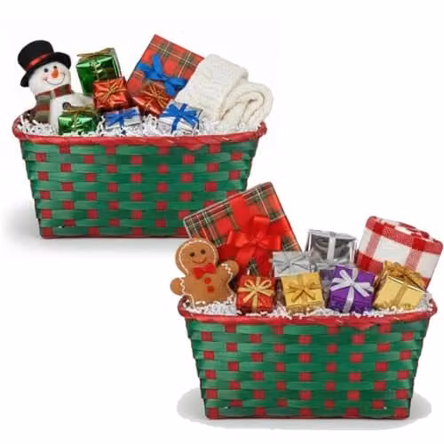 Almineez Set of 2 Bamboo Christmas Hamper Baskets in Red and Green, Rectangular Open Weave Storage Baskets
