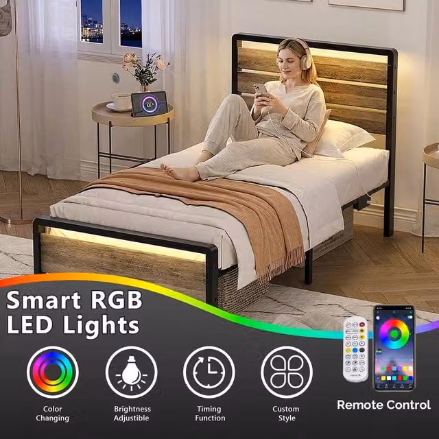 EONLION Modern Single Bed Frame with Solid Wood Headboard, USB Charging Port and Under-Bed Lighting, Black, 90 x 190 cm