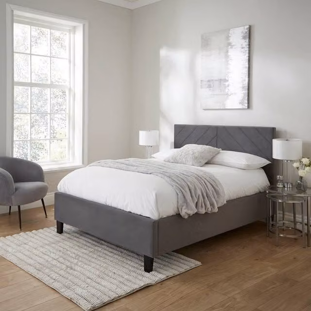 GFW Thea Grey Velvet Upholstered Ottoman Bed with Lift Up Base, W/D/H: 140 x 200 x 113 cm