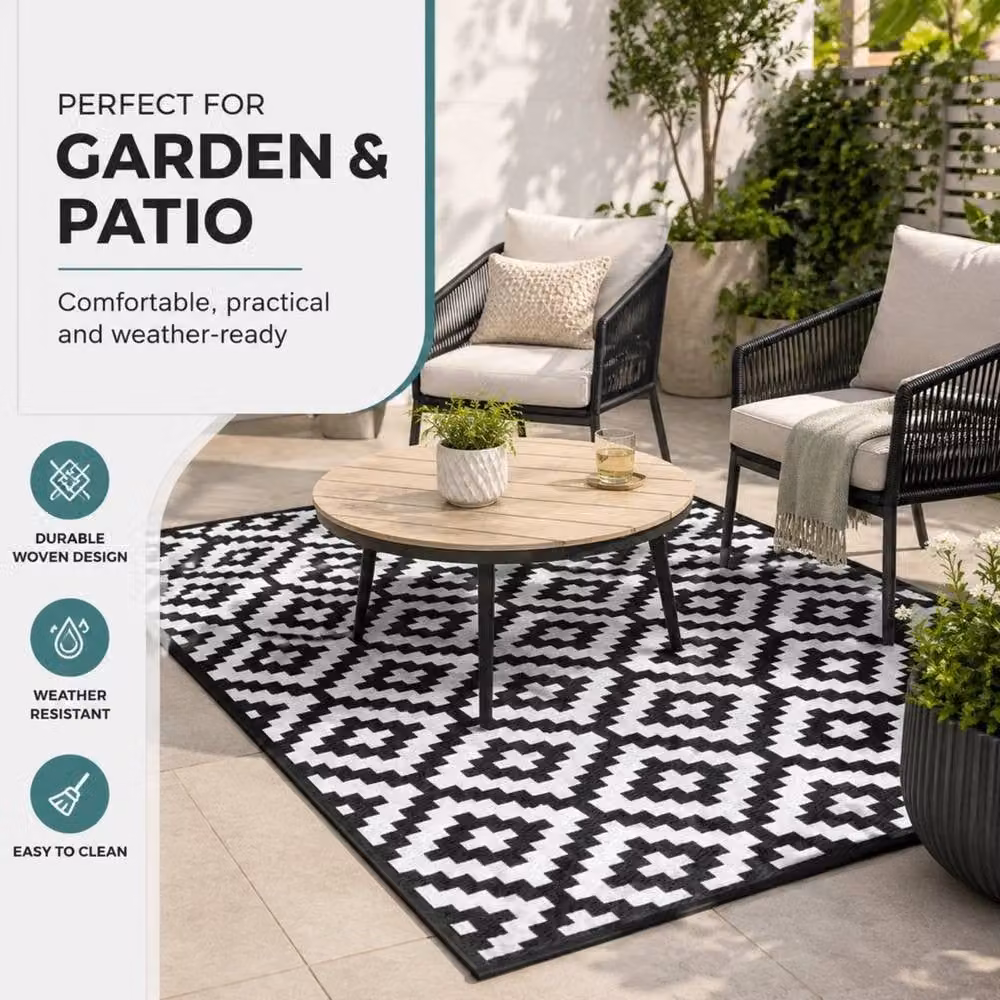 PAWNORA Reversible Woven Patio Rug with Black and White Diamond Pattern, W x D: 120 x 180 cm – 4