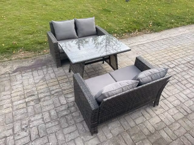 Fimous 3 Piece Dark Grey Wicker Rattan Garden Furniture Conversation Set with Metal and Glass Details