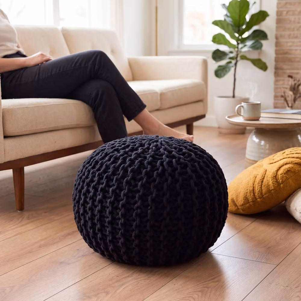 Bravich LTD Chunky Knitted Cotton Pouffe Footstool in Black, Diameter: 50 cm – 3
