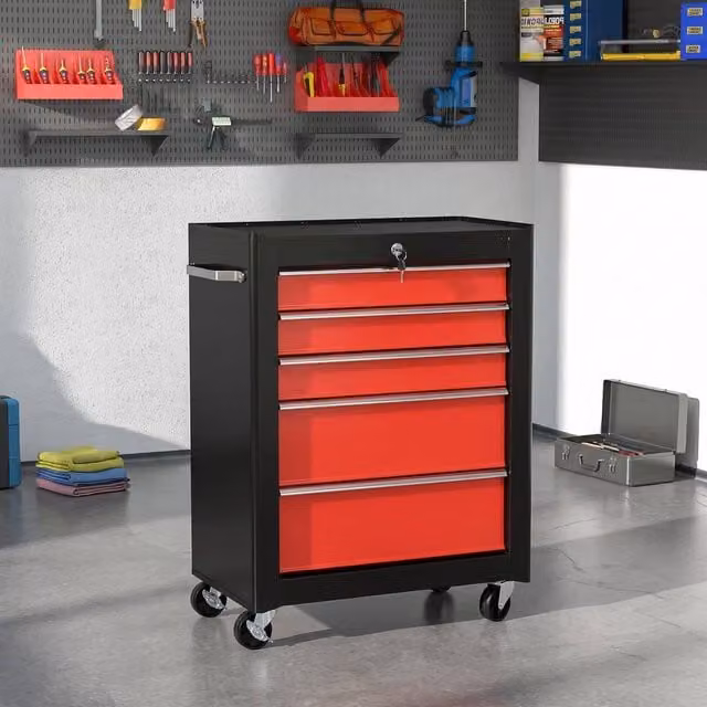 STILVORA 5-Drawer Steel Tool Chest with Wheels and Lock, Red