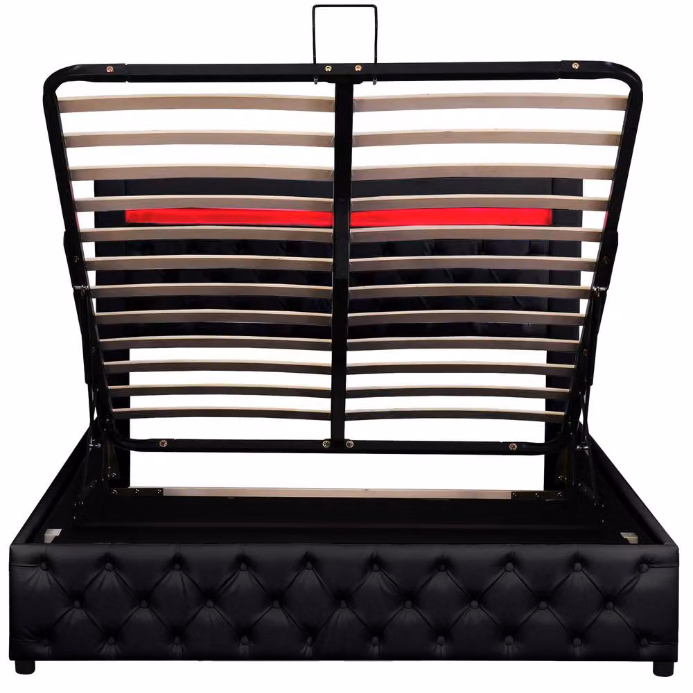 BTM Black PU Upholstered Double Bed with LED Under-Bed Lighting and Lift-Up Storage W/D/H: 135 x 190 x 39 cm – 9