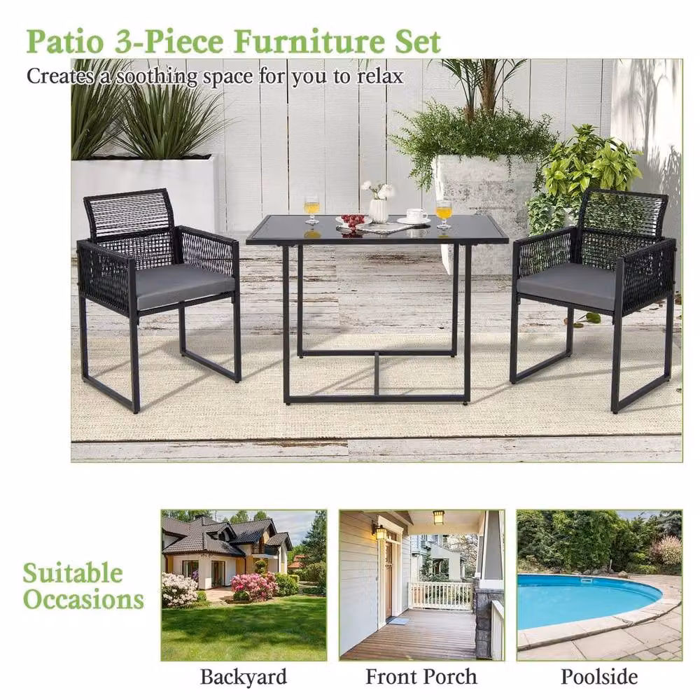FLAVORA Grey Foldable Rattan Chair and Table Set in Black – 5