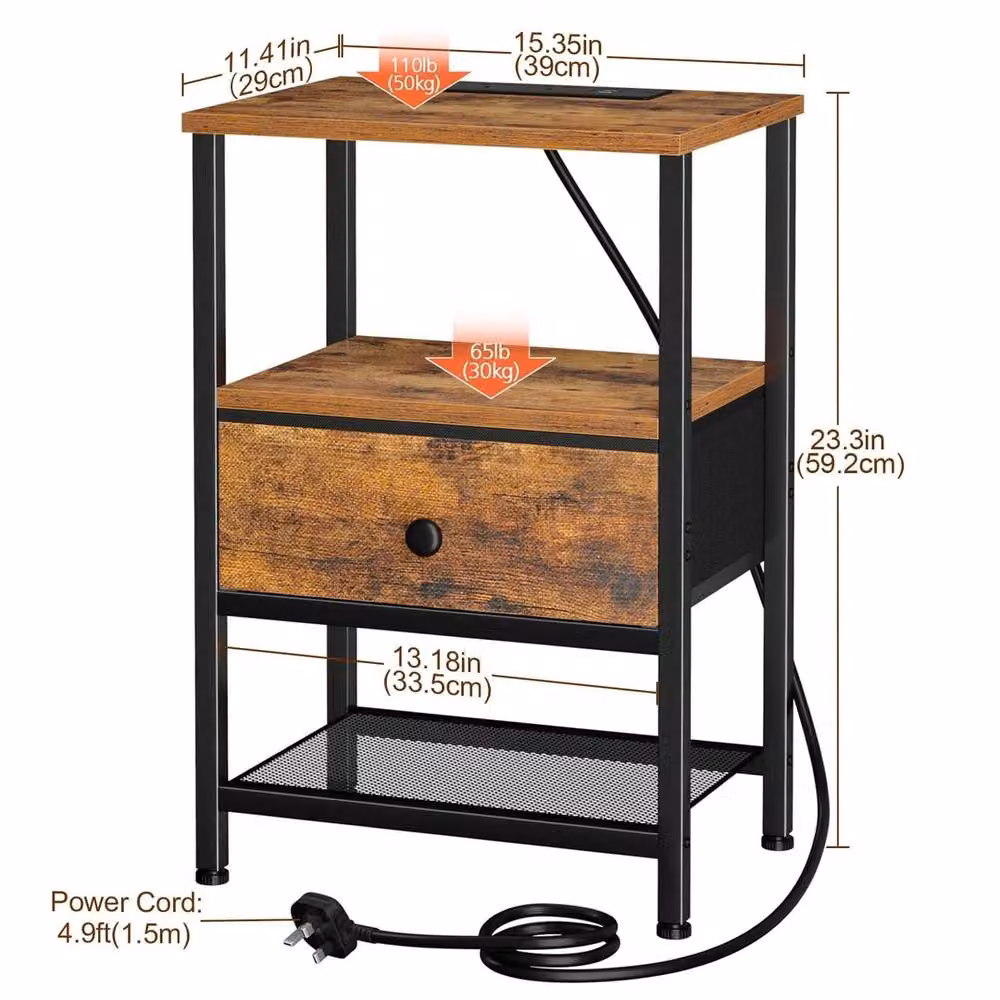 FORGEVIO Set of 2 Brown Industrial Wood Bedside Tables with Integrated Lighting and Charging Station – 2